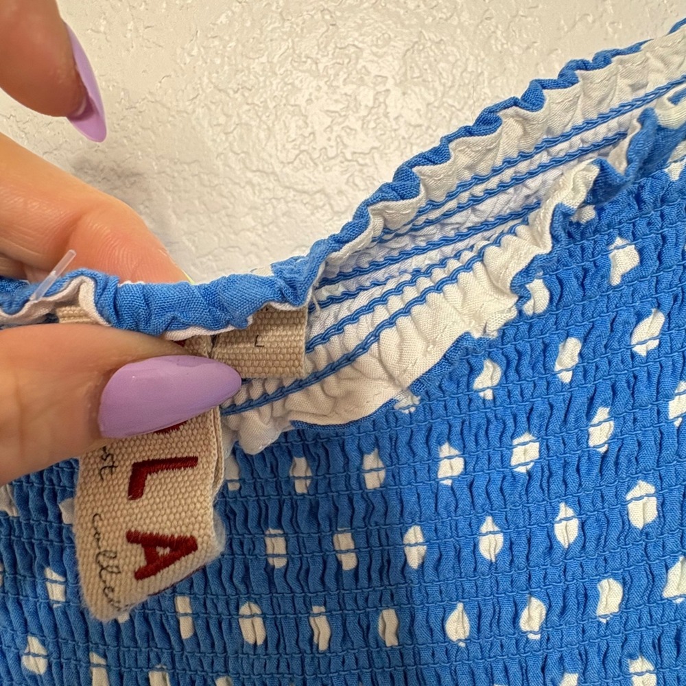 Dolan Anthropologie Collection Blue Polka Dot Smocked Tiered Dress Large - Picture 5 of 8